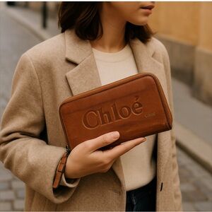 AUTHENTIC CHLOÉ EMBOSSED LOGO BROWN LEATHER ECLIPSE ZIP AROUND LONG WALLET